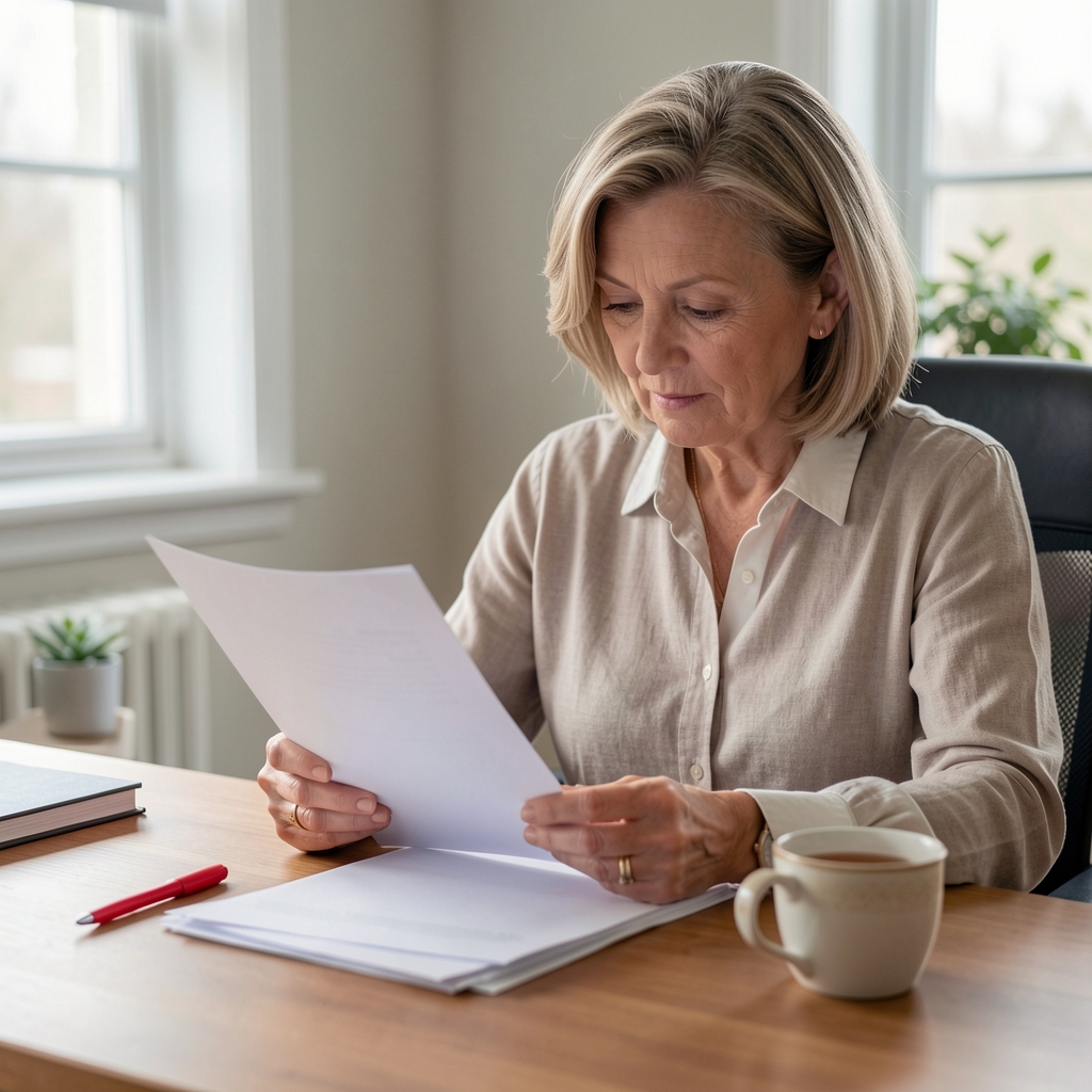 Editor in her fifties reading a printed draft at a desk with a red pen and a cup of tea