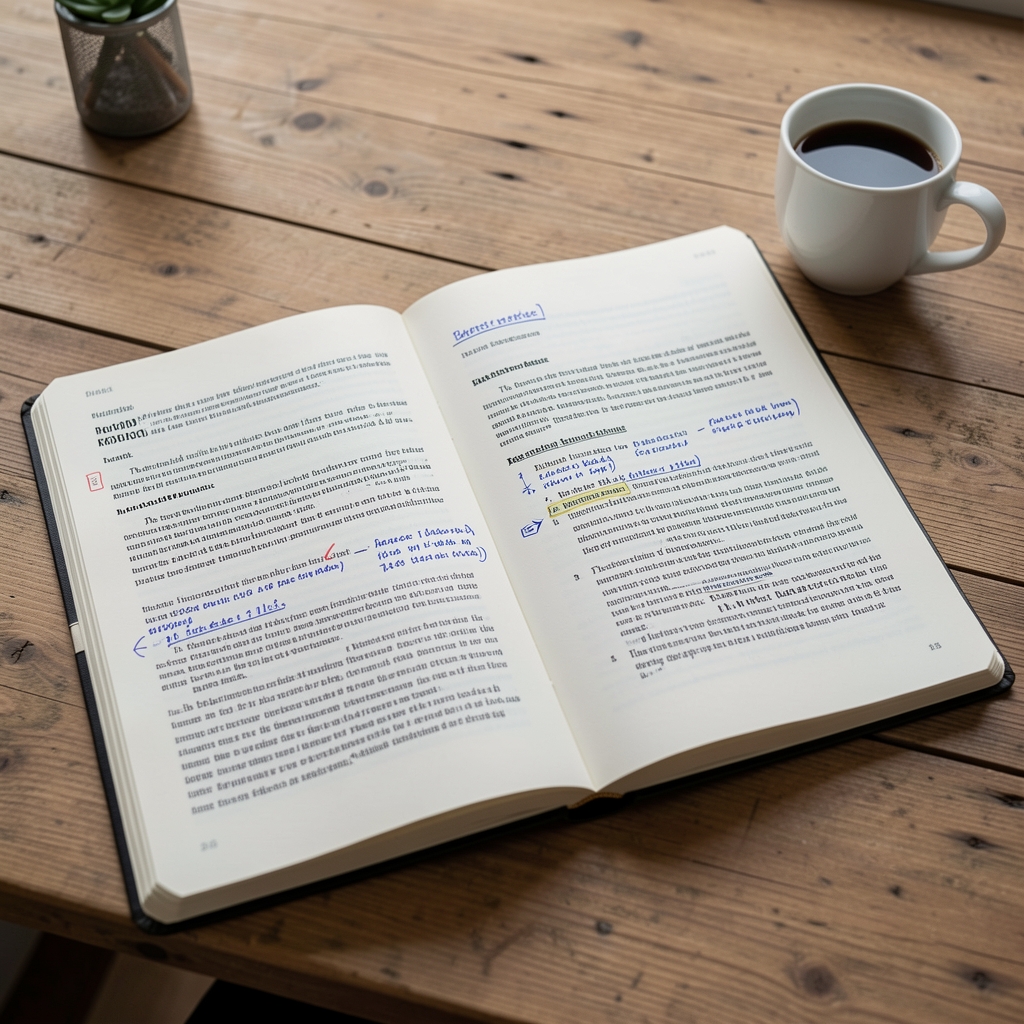 Open editorial notebook with annotated research papers and a cup of coffee on a wooden desk