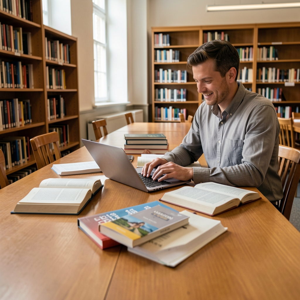 Researcher comparing several open journals and a laptop on a long library table
