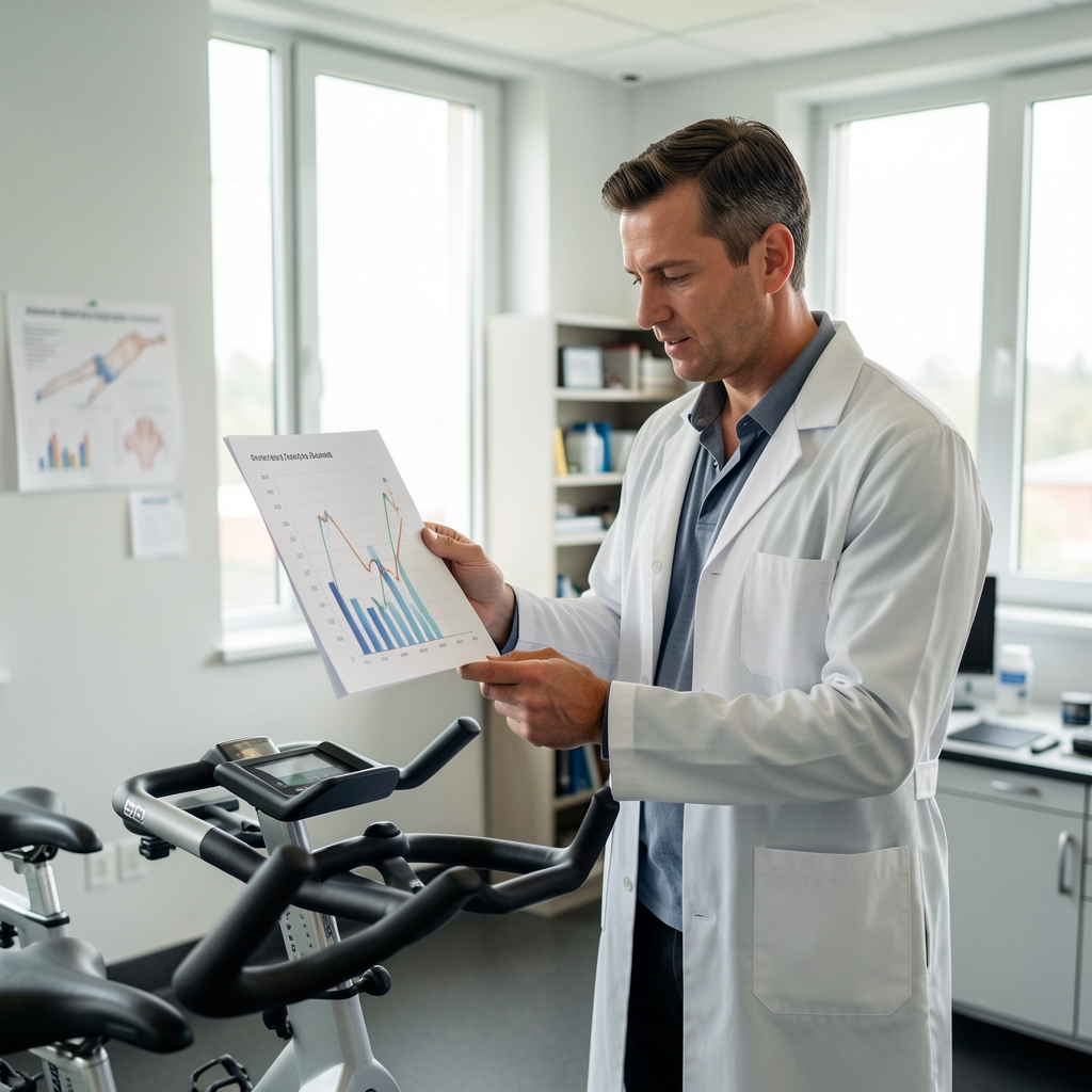 Sports scientist in a laboratory coat examining a printed graph next to an exercise testing bike