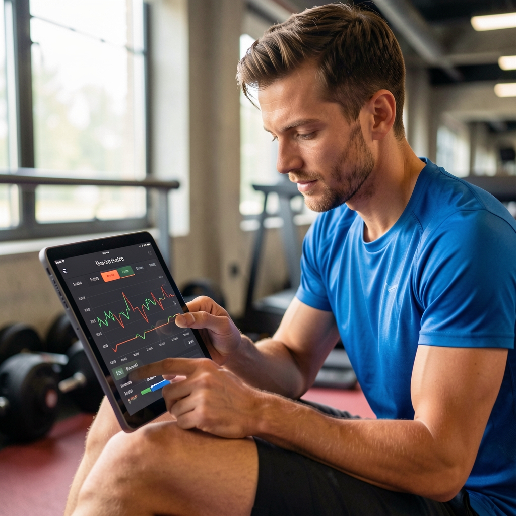 Endurance athlete reviewing heart rate and pace trends on a tablet after a measured training session
