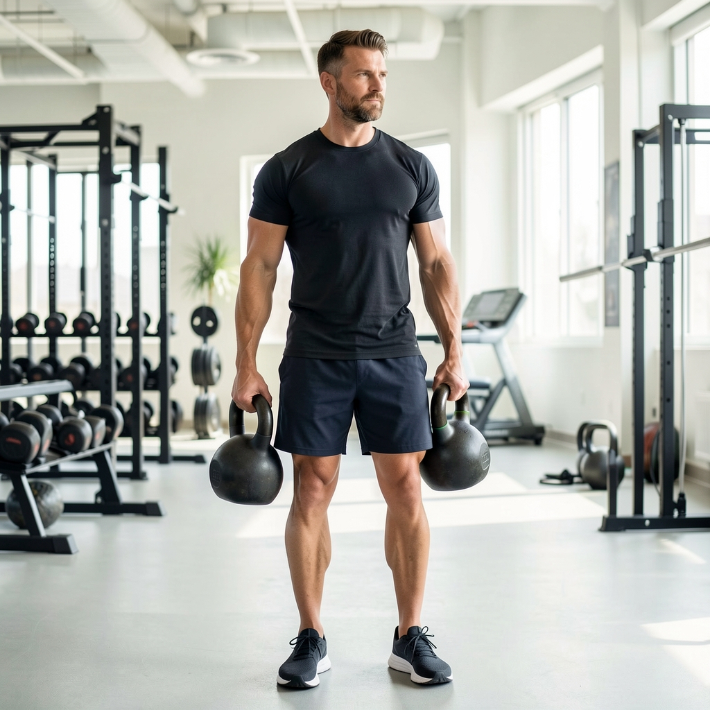 Athletic man in his late thirties carrying two moderate kettlebells across a bright training floor