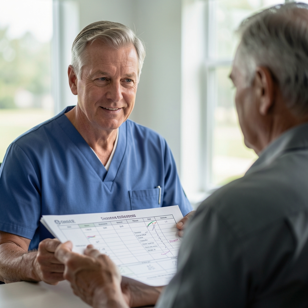 Sports physician discussing a training chart with a mature male patient in a calm consultation room