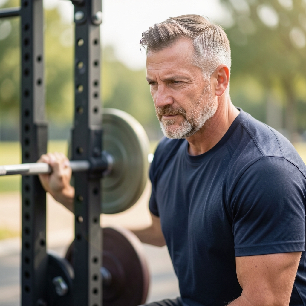 Experienced coach observing a man over forty complete a deadlift pattern beside a rack of light weights