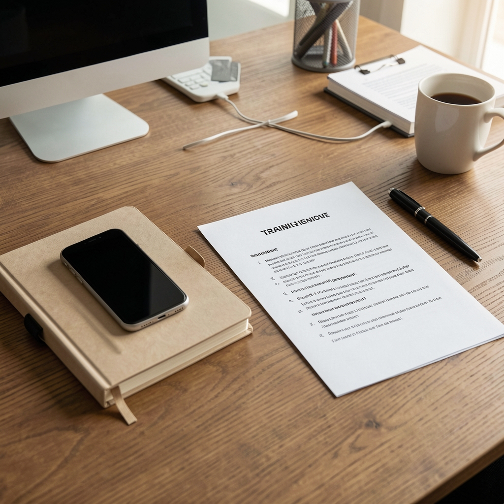 Editorial desk in South Jakarta with notebook phone and printed training questions ready for correspondence