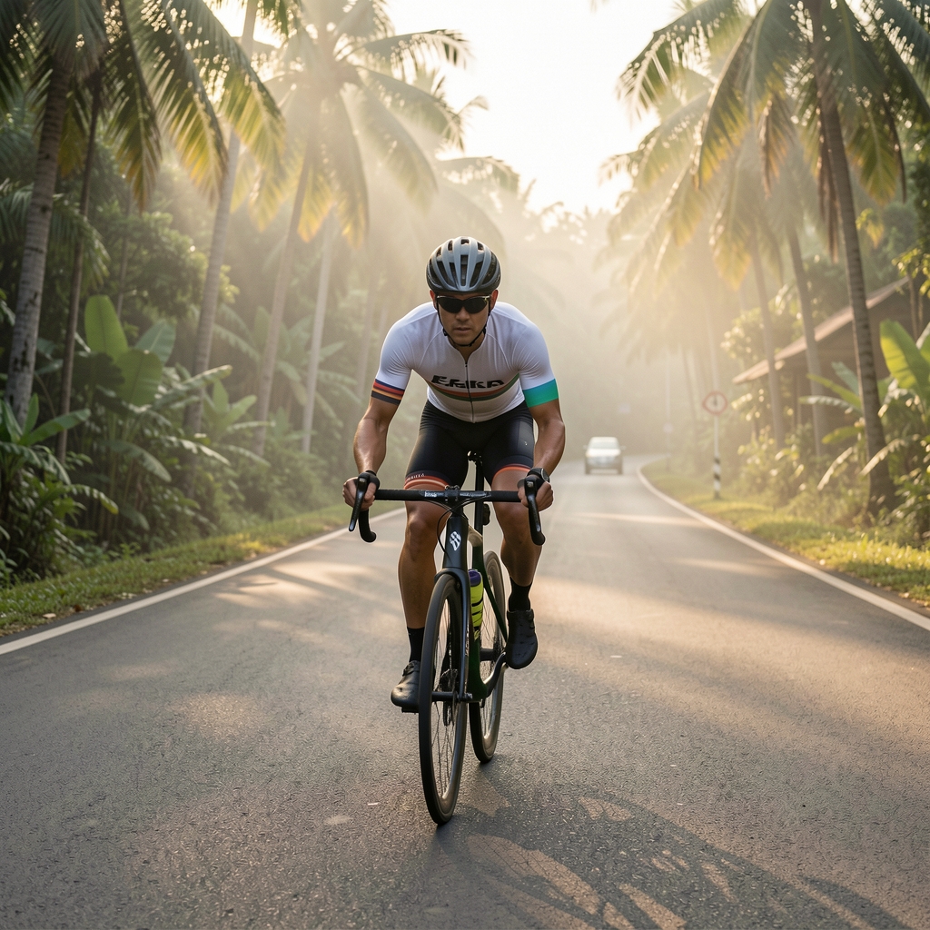 Endurance cyclist riding a quiet tropical road near Jakarta at early morning with measured effort