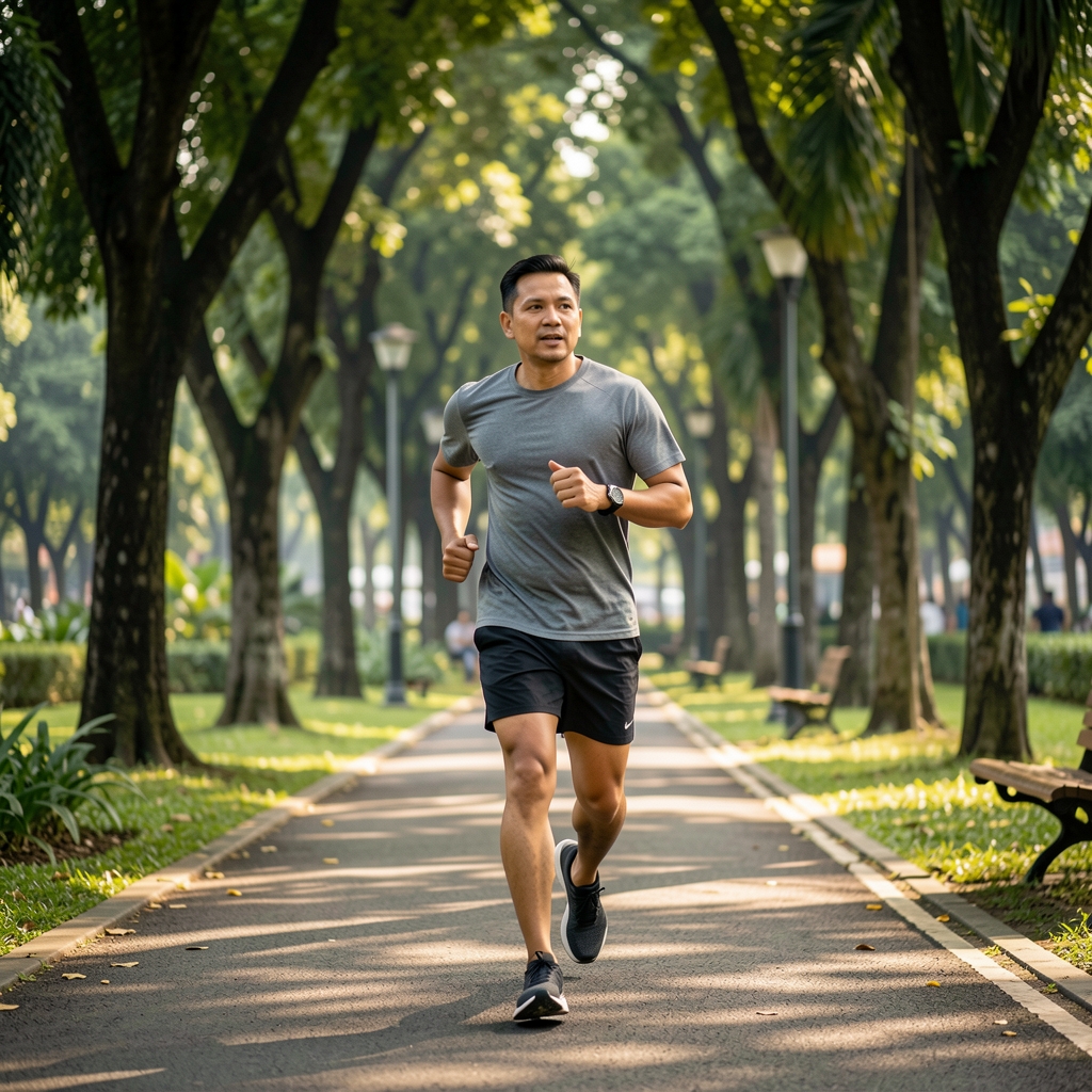 Man in his forties running along a shaded Jakarta park path at a conversational endurance pace
