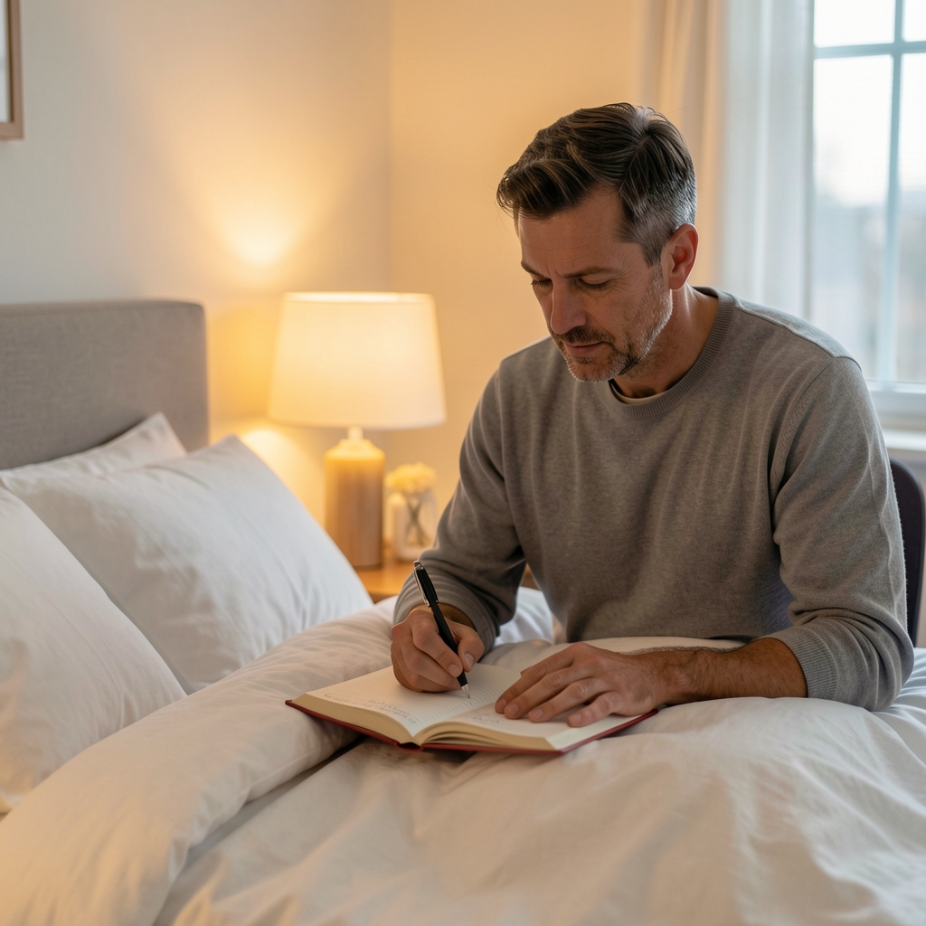 Man in his forties writing a brief reflection in a notebook beside a warm bedside light before sleep