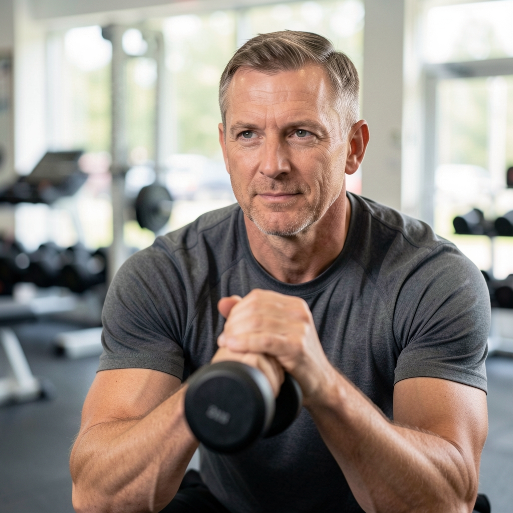 Coach observing a middle-aged man performing a controlled goblet squat in a bright community gym
