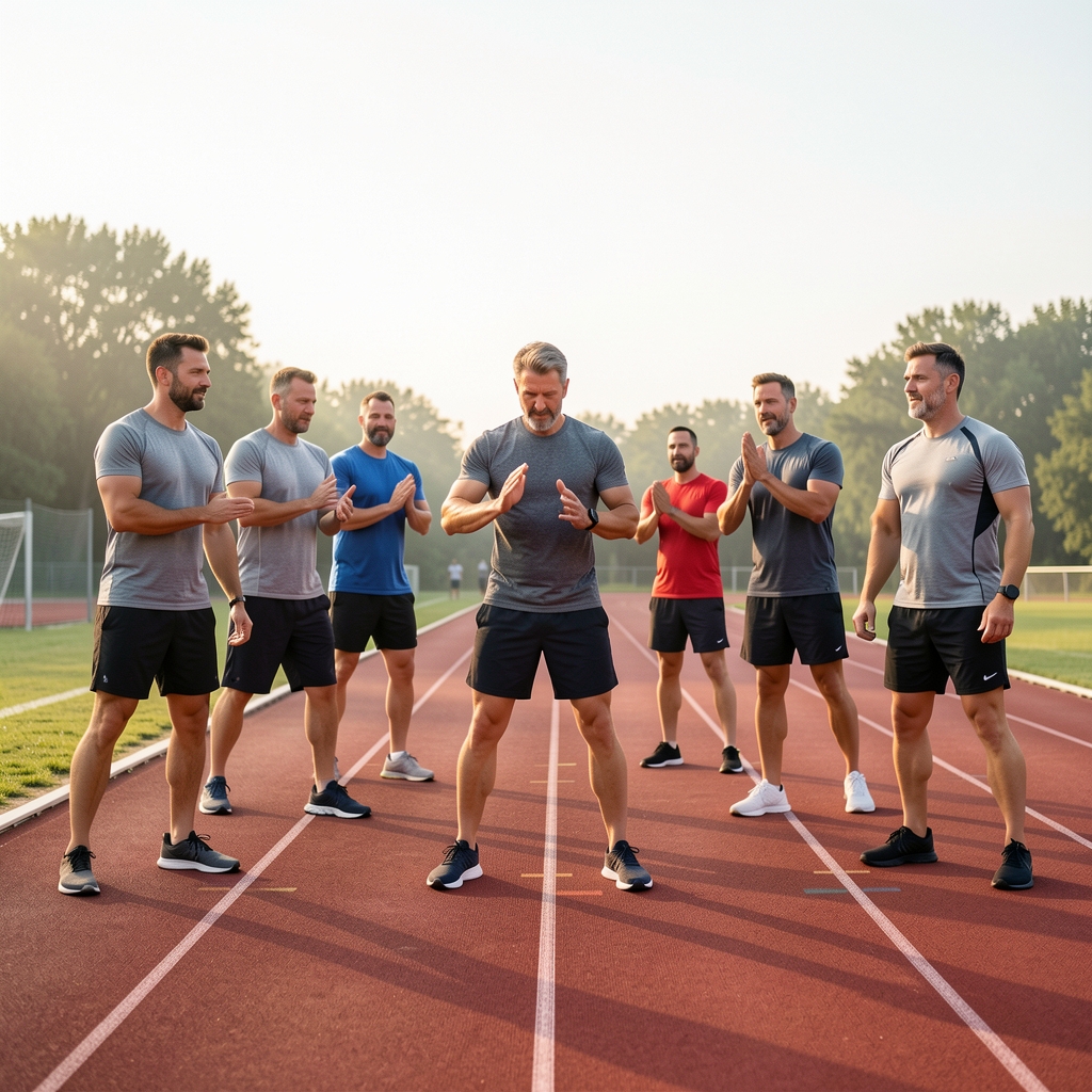 Group of men in their forties warming up on an outdoor running track in South Jakarta at early morning