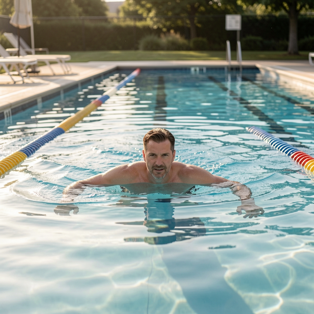 Man in his forties swimming steady lengths in an outdoor lap pool under morning light