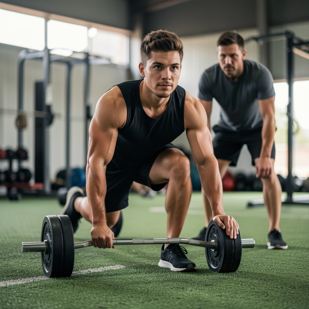 Athlete pushing a weighted sled across turf in a functional training hall with coach observing technique