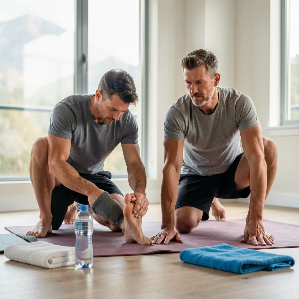 Two adult men stretching together after a long ride with water bottles and towels on the floor