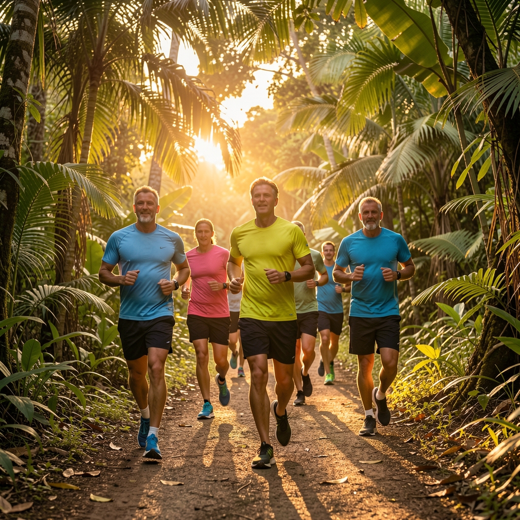 Group of mature runners moving along a shaded tropical trail at sunrise in a steady aerobic effort