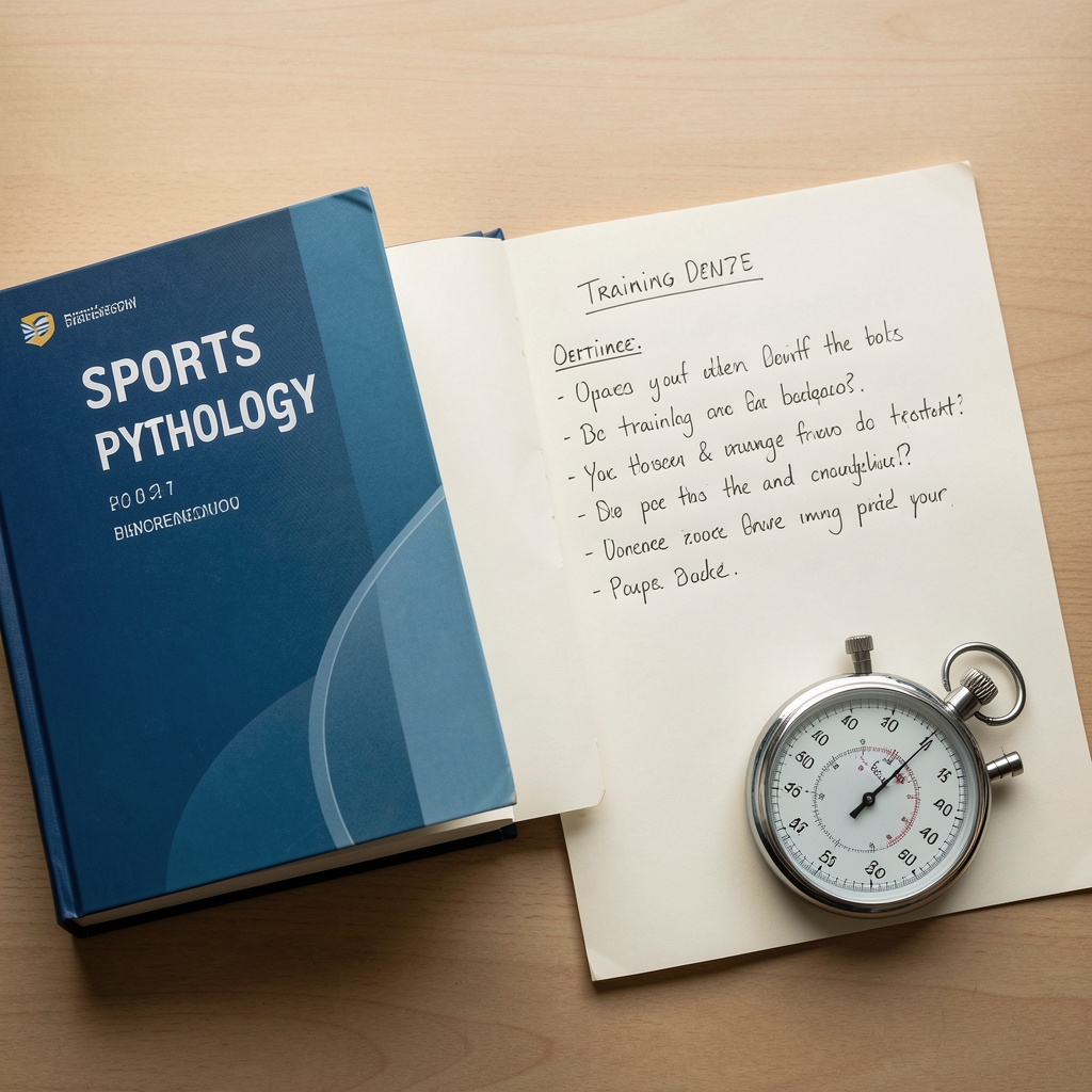 Open sports physiology reference book beside handwritten training definitions and a simple stopwatch