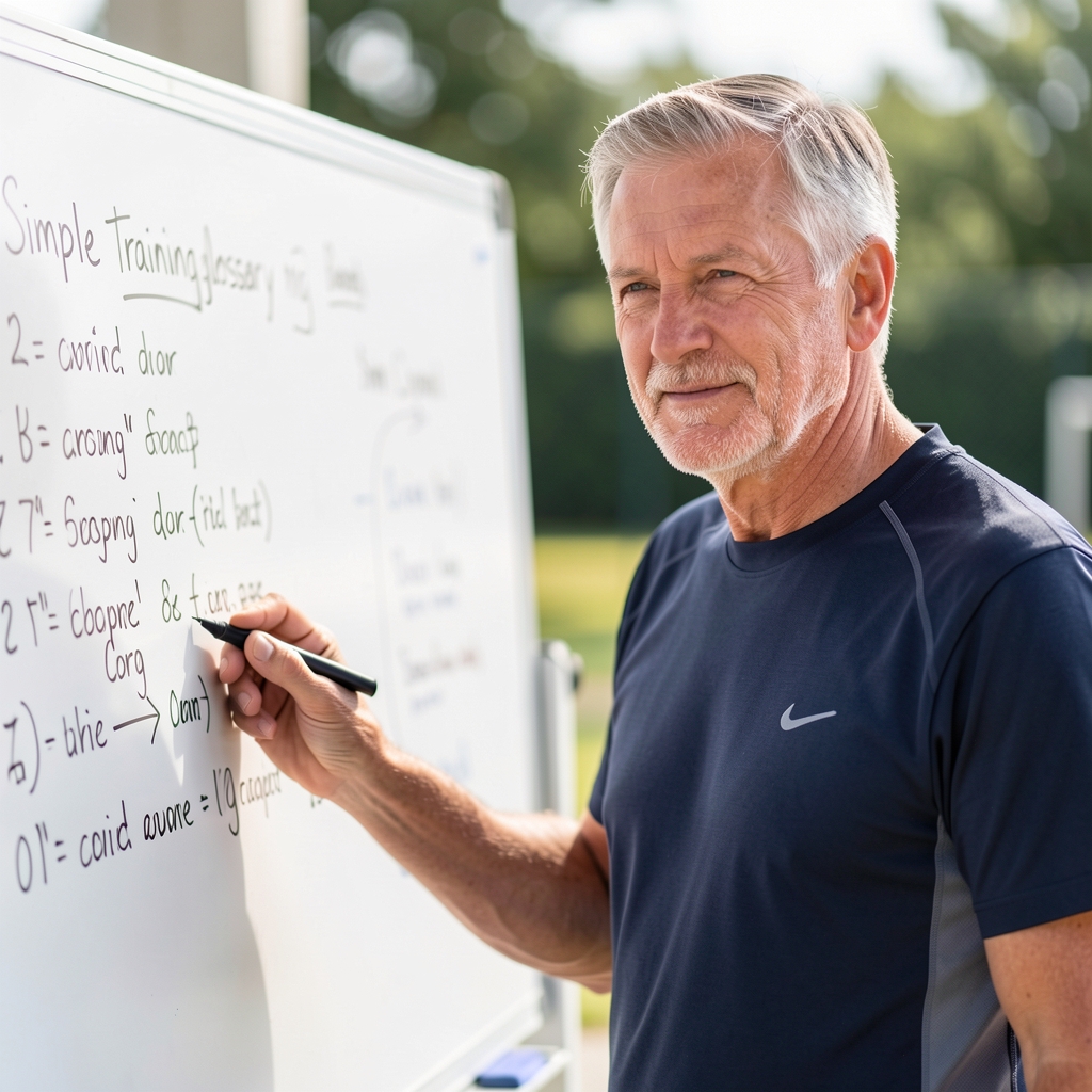 Coach explaining a simple training glossary on a whiteboard to a mature athlete in a bright studio