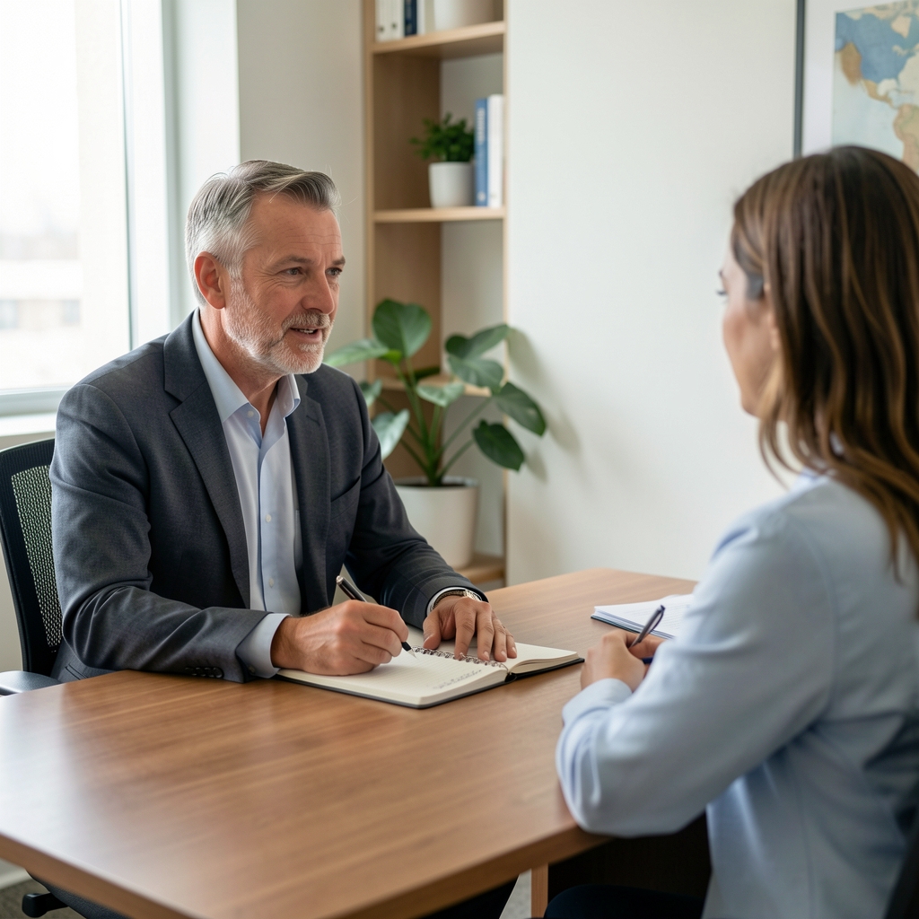 Middle-aged man talking with a clinician at a desk in a calm consultation room with a notepad open