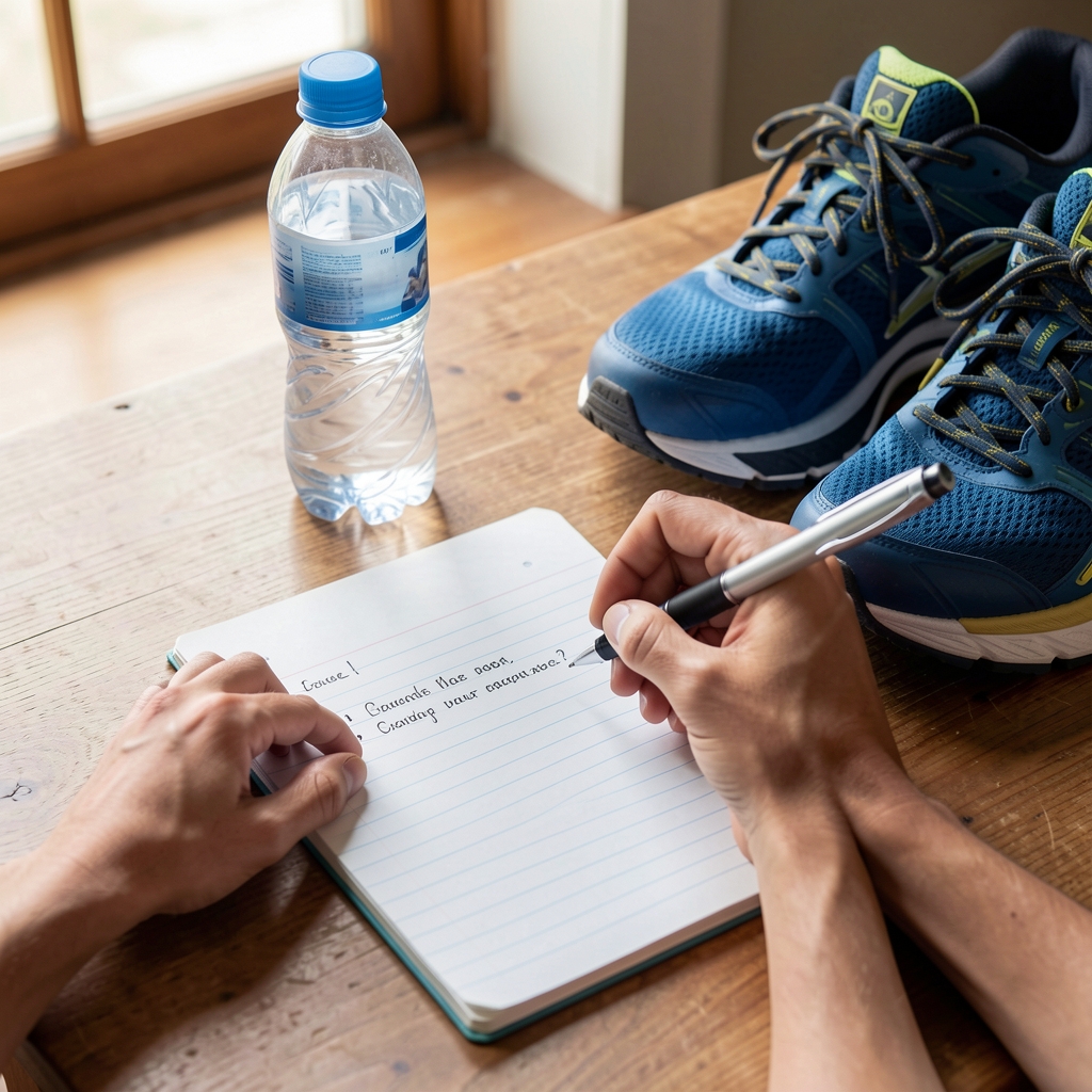 Hands writing questions on a lined notepad next to a water bottle and running shoes on a table