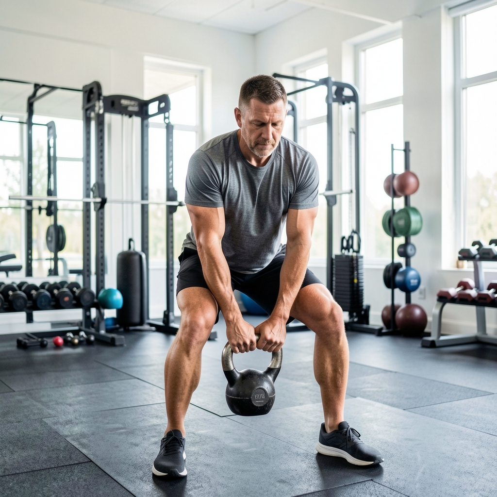 Fit Indonesian man in his forties performing a controlled kettlebell movement in a bright functional training studio