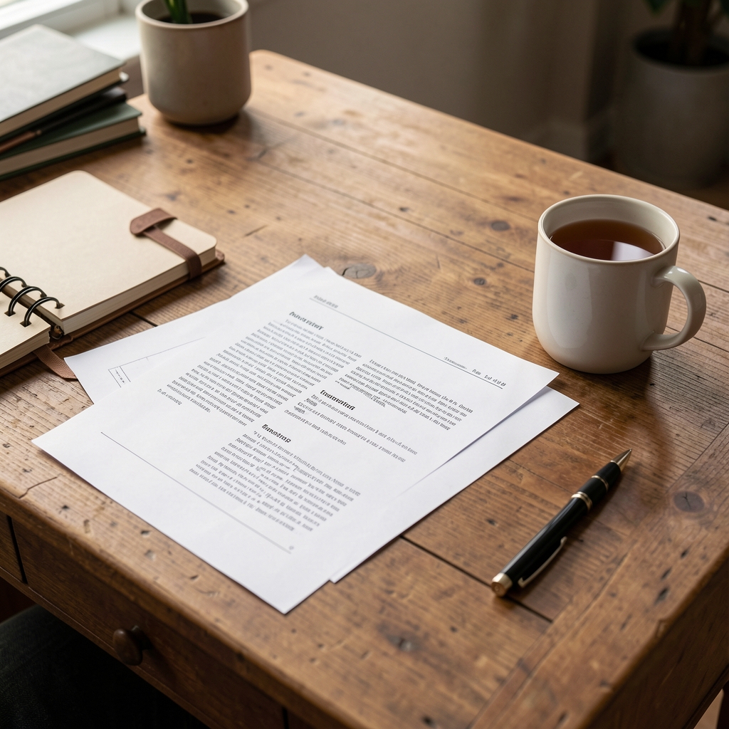 Editor reviewing printed article proofs on a wooden desk beside a notebook and a mug of tea