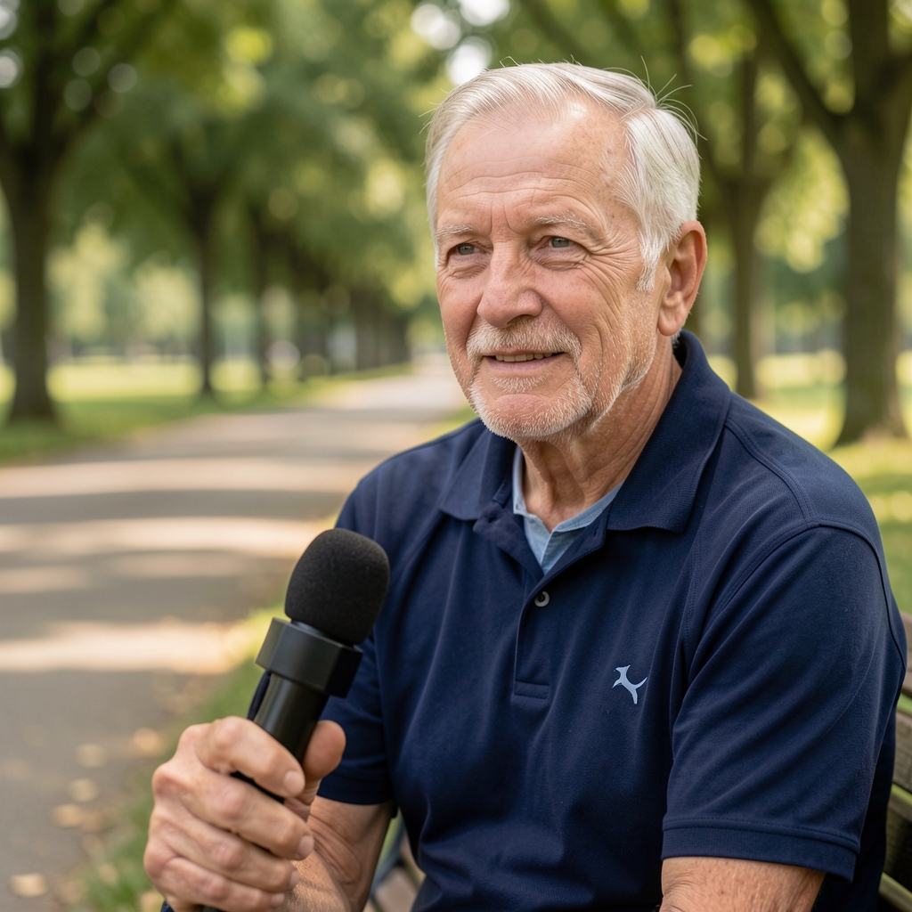 Journalist interviewing a veteran running coach on a bench beside a tree-lined park path