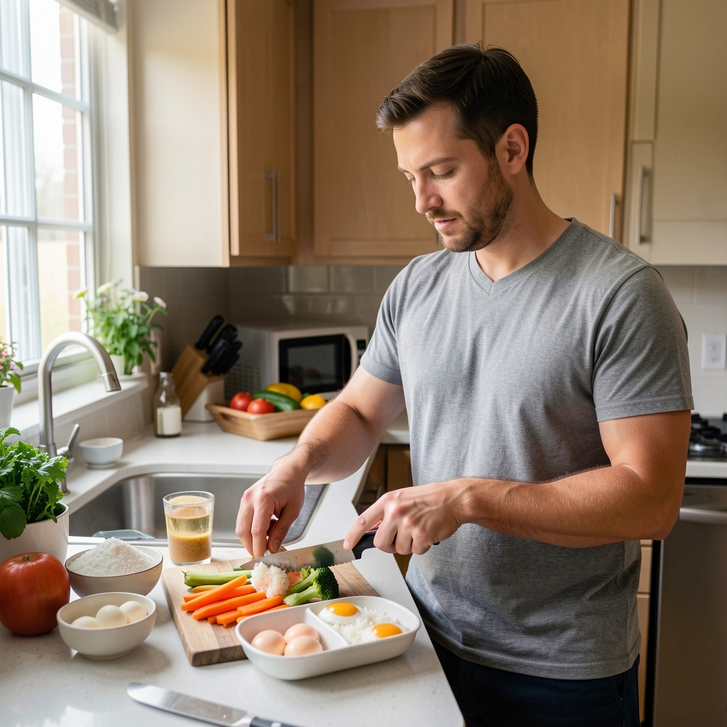 Adult man preparing simple recovery meals with vegetables eggs and rice in a well-organized home kitchen