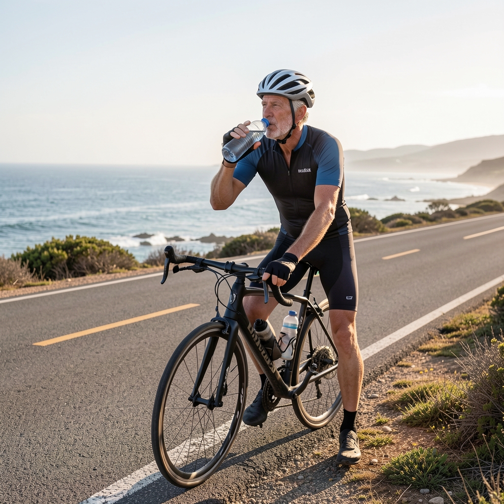 Cyclist over forty stopping beside a coastal road to drink water during a carefully paced long ride