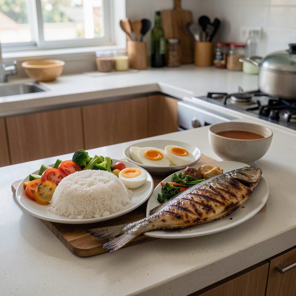 Balanced post-training meal with rice vegetables eggs and grilled fish prepared on a Jakarta kitchen counter