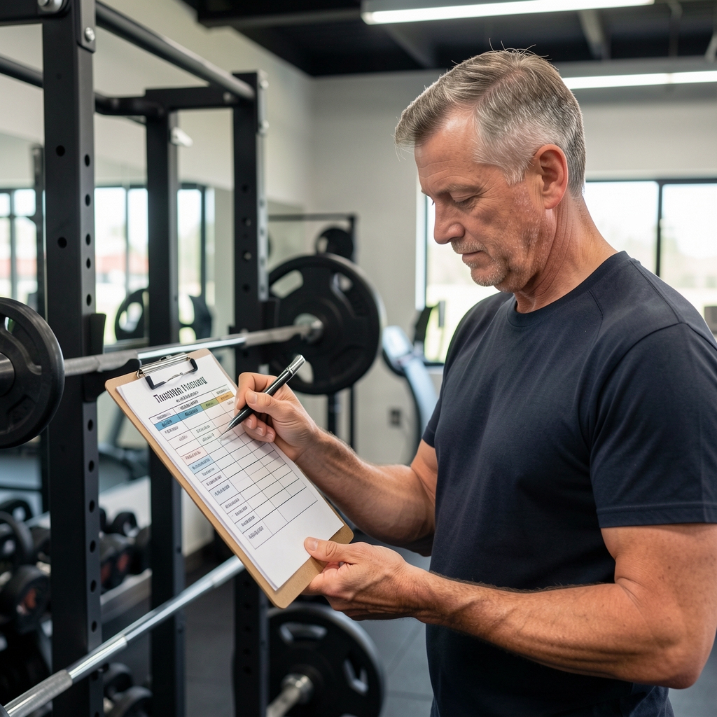 Middle-aged man in a gym reviewing a printed training log on a clipboard beside a barbell rack