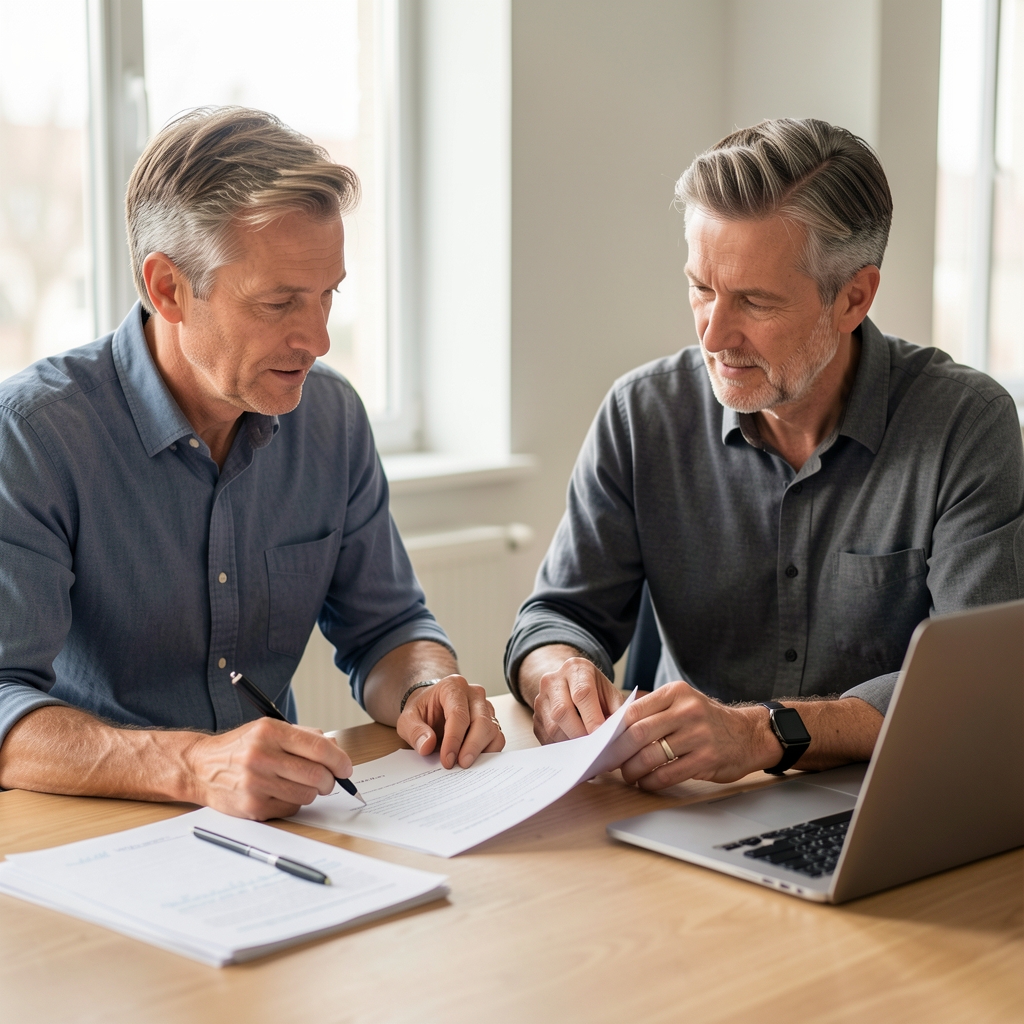 Two editors in their forties discussing a printed article draft at a table with notes and a laptop