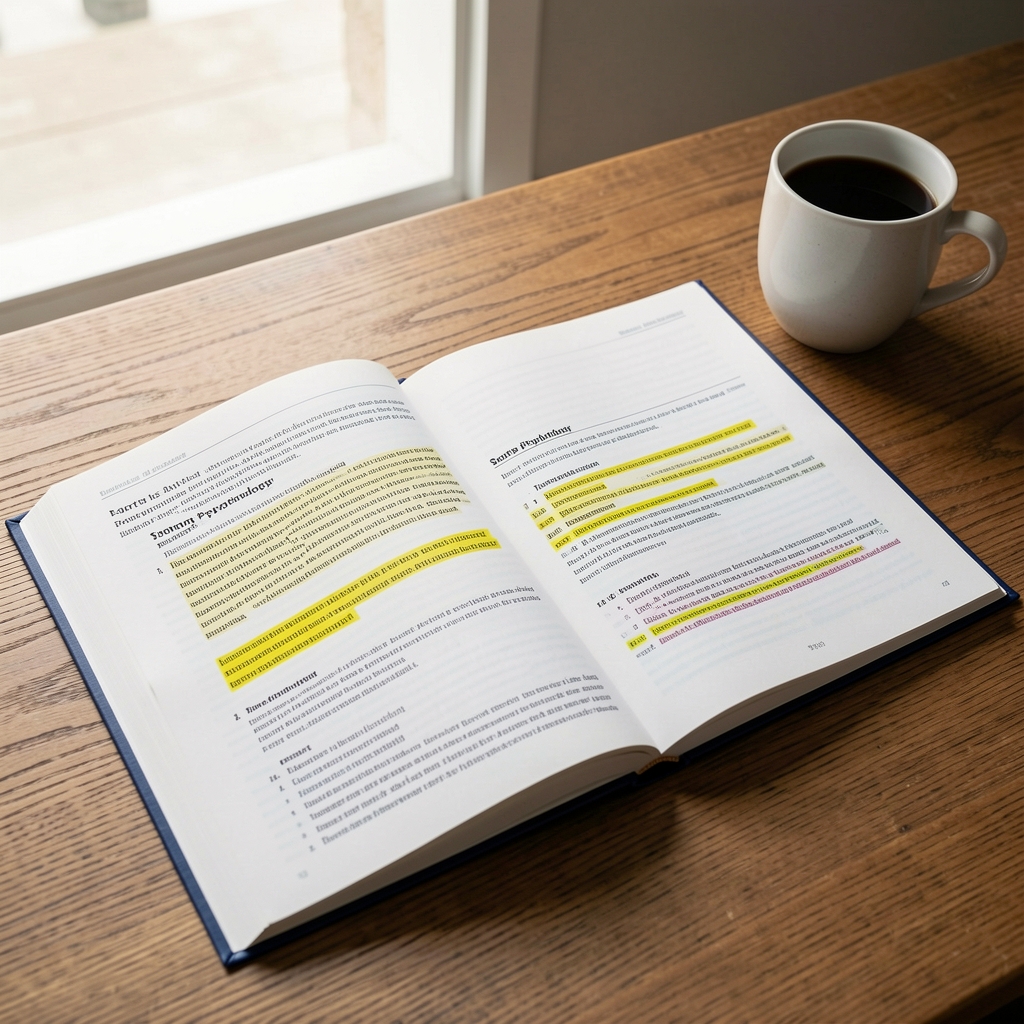 Open sports physiology textbook and journal printouts with highlighted passages on a wooden desk beside a coffee cup