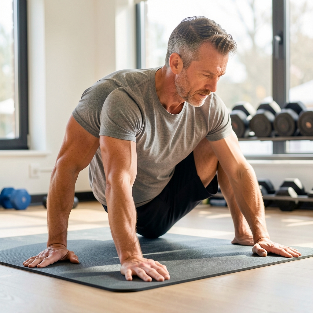 Man over thirty-five completing a focused hip mobility drill on a training mat in natural light