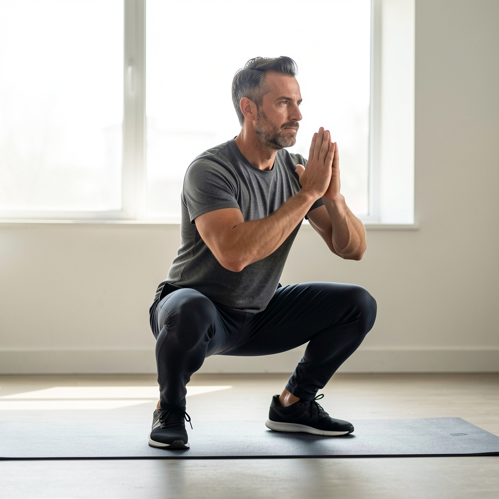 Man in his forties performing a controlled deep squat hold on a studio mat with a bright window behind him