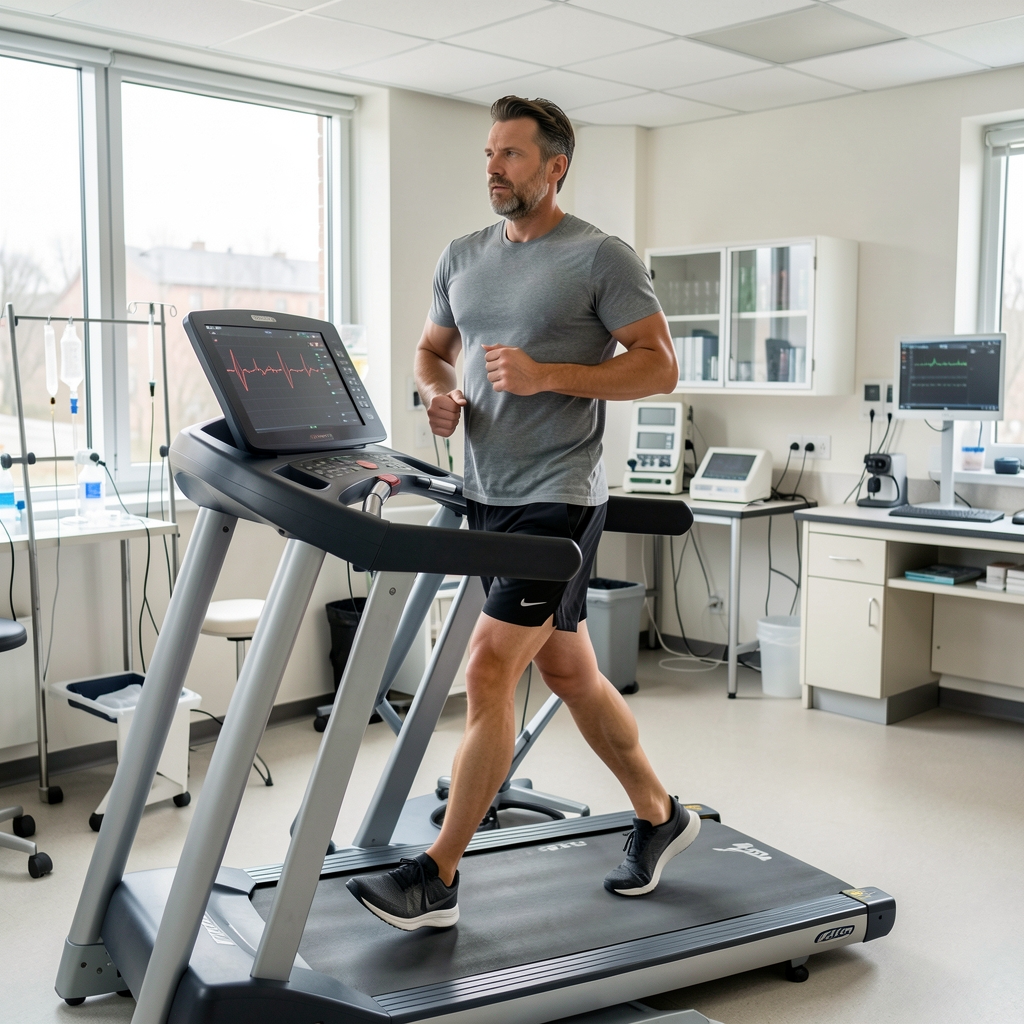 Man in his forties running on a treadmill in a physiology laboratory with a monitor showing a heart rate trace