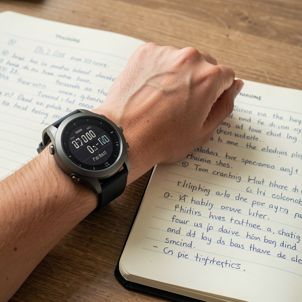 Close view of a fitness watch on a wrist beside a notebook with handwritten training notes