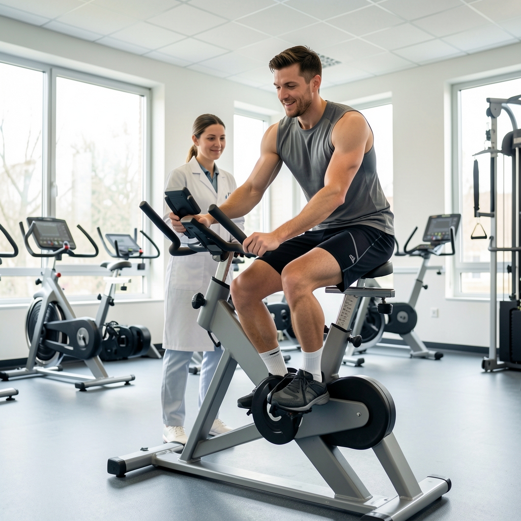 Sports science researcher measuring an adult athlete on a cycle ergometer in a bright physiology laboratory