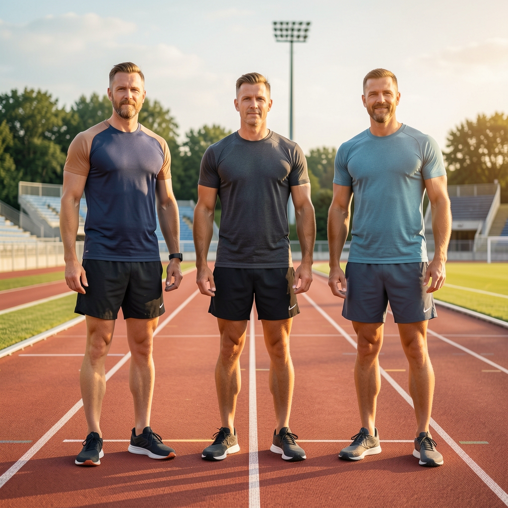 Three men of different ages and builds standing together on a running track after a training session
