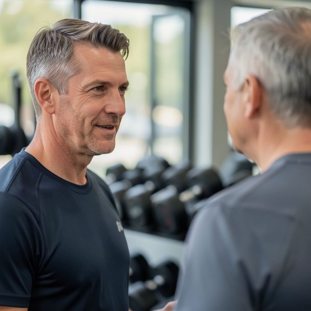 Experienced coach talking one-to-one with a middle-aged client beside a rack of dumbbells in a quiet gym