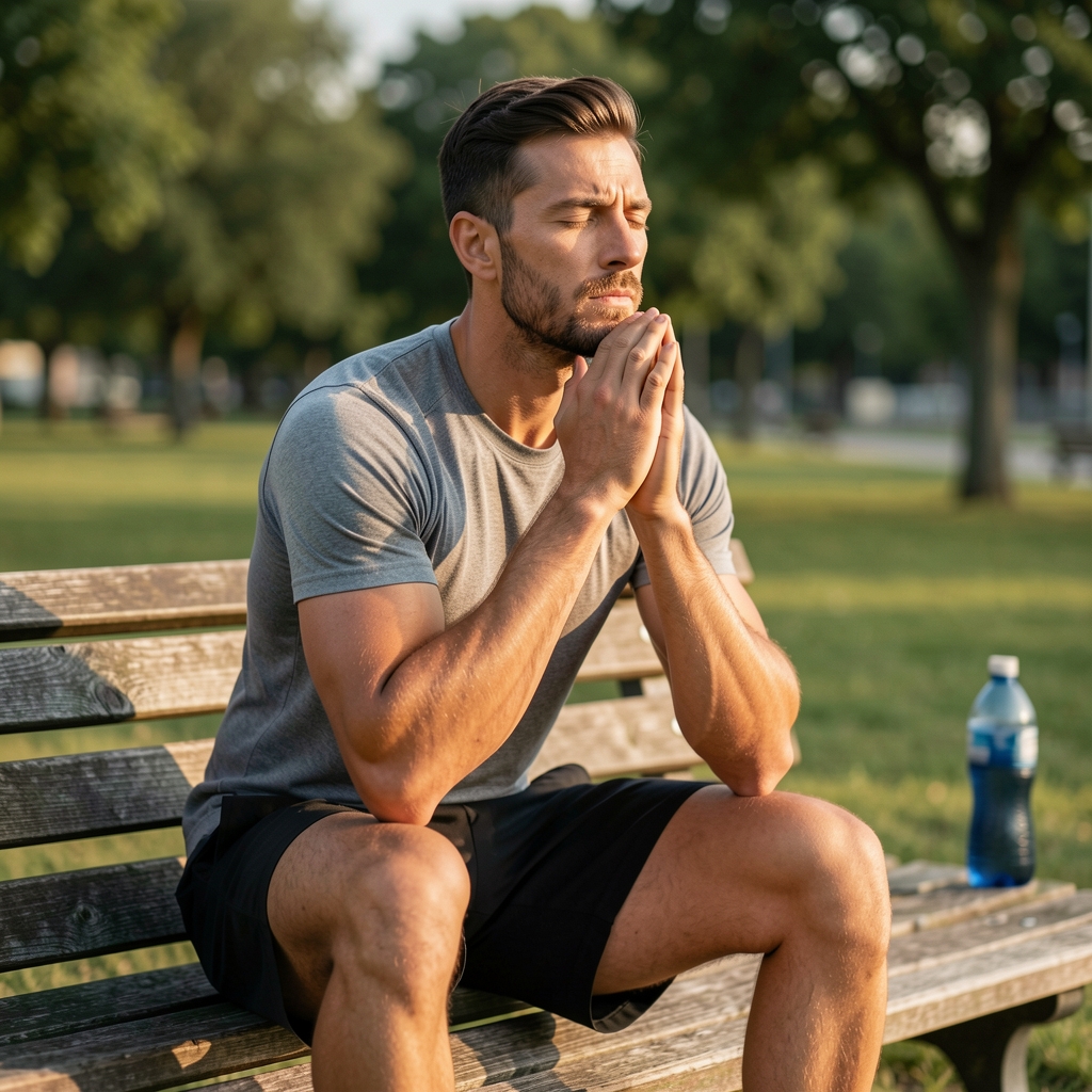 Adult male athlete seated on a wooden bench practicing calm breathing after an outdoor interval session