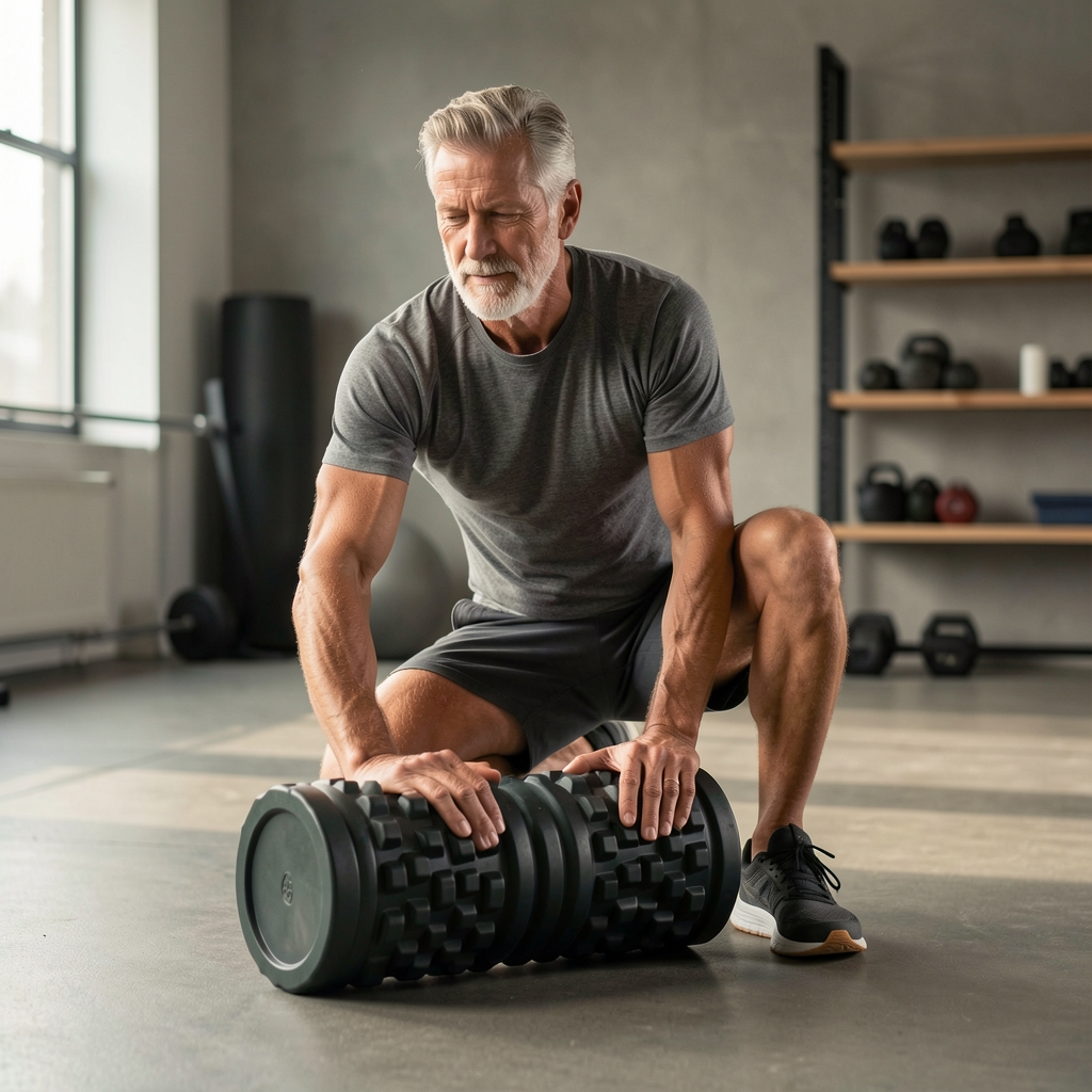 Mature male athlete using a foam roller in a quiet studio after a strength session