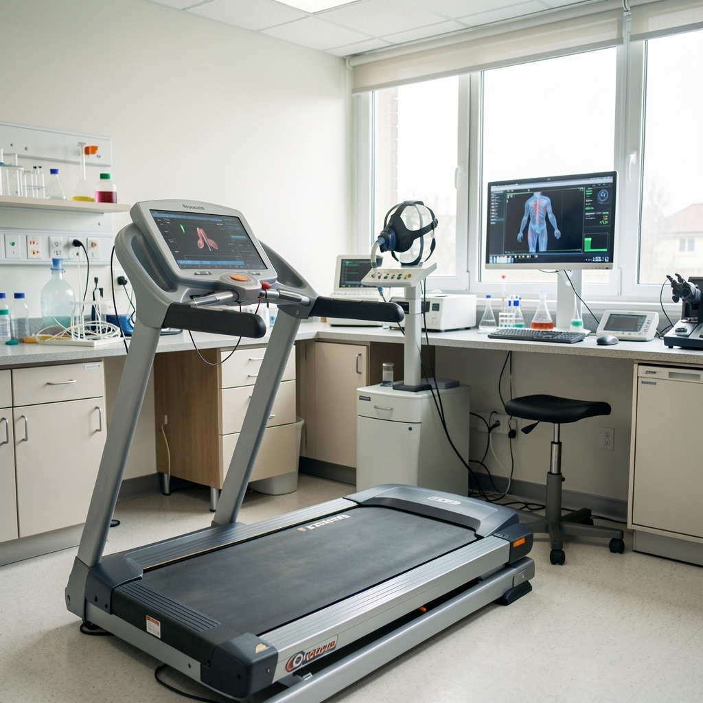 Physiology laboratory with a treadmill, gas analysis mask and monitoring screen prepared for an endurance test