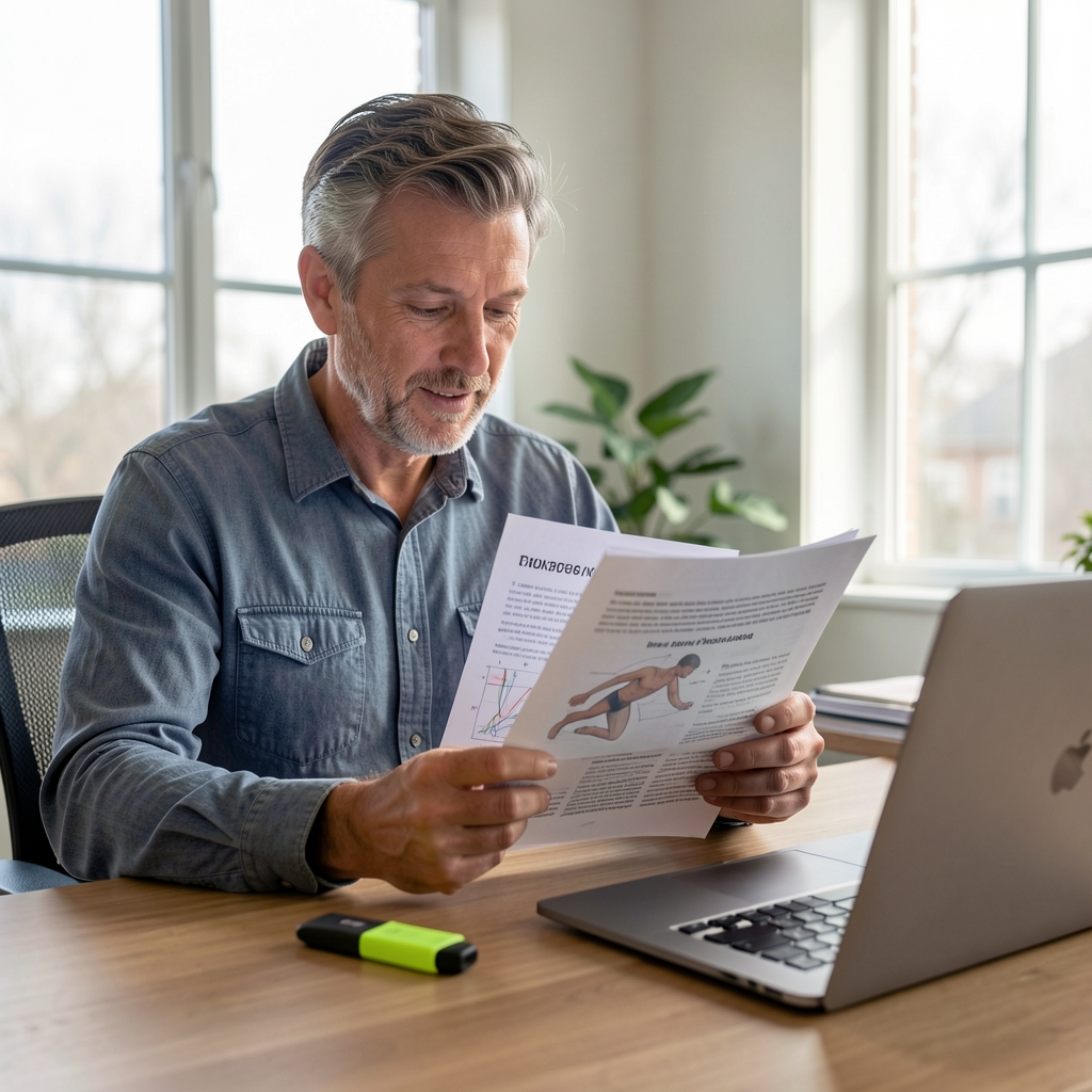 Middle-aged man reading a printed sports physiology study at a desk with a highlighter and laptop