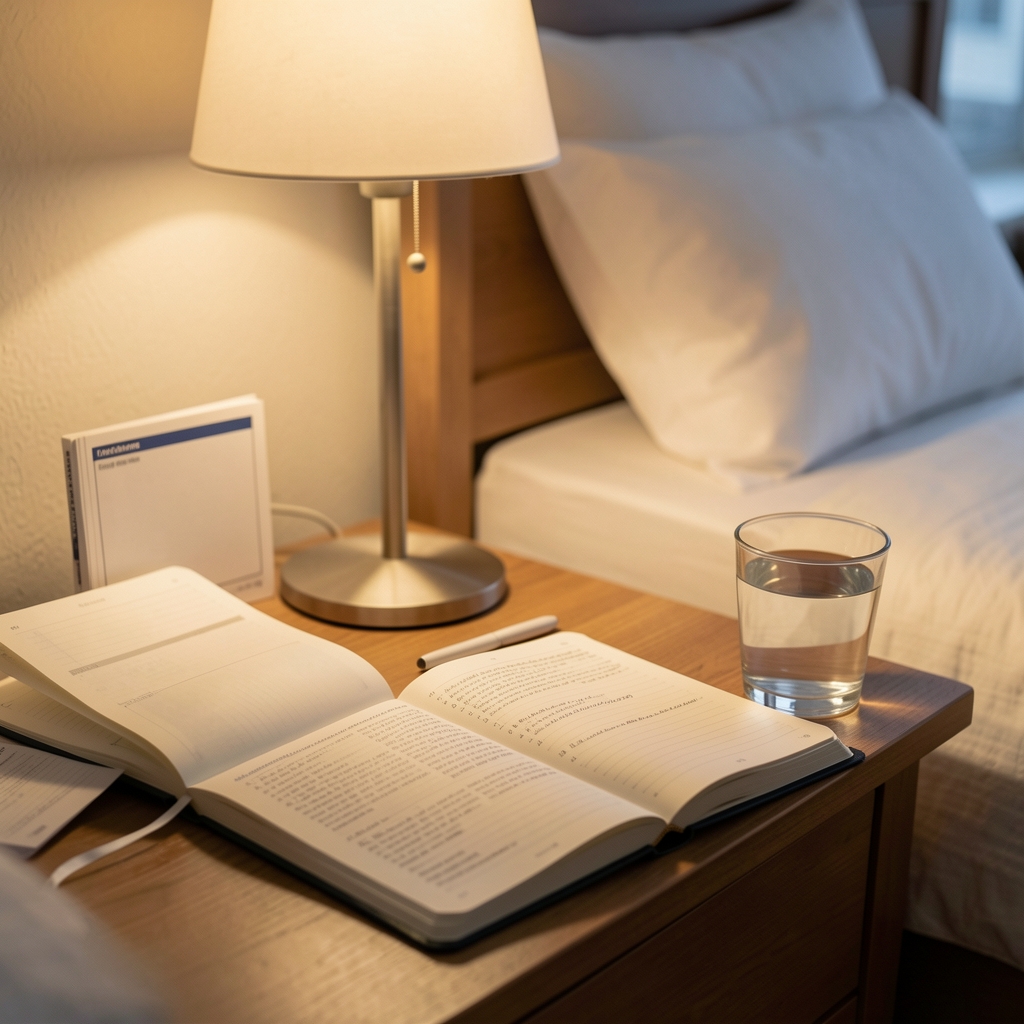 Training journal open beside a glass of water and bedside lamp showing a calm evening recovery routine