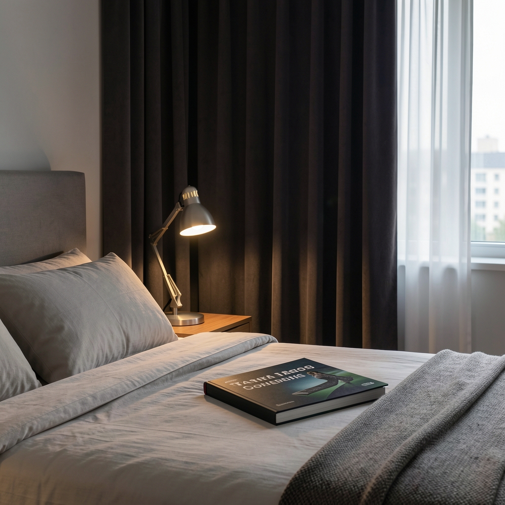 Calm bedroom with blackout curtains a reading lamp and a training journal prepared for an evening routine