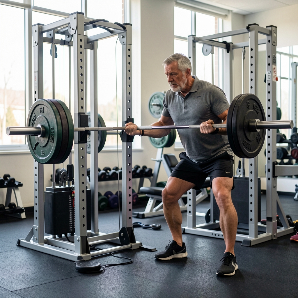 Middle-aged athlete recording a barbell strength session beside a sports science testing rig