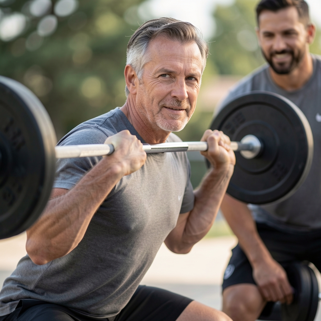 Man over forty performing a technically precise barbell squat with a coach nearby