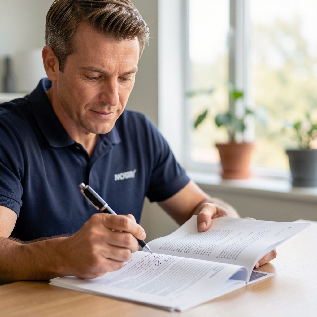 Sports medicine reviewer annotating a printed training article with a pen in a quiet office