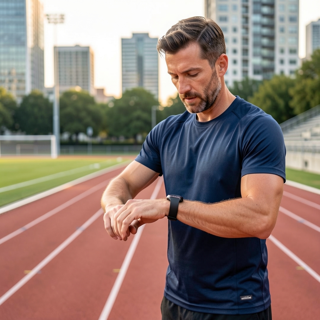 Runner in his late thirties reviewing interval splits on a watch beside a city track