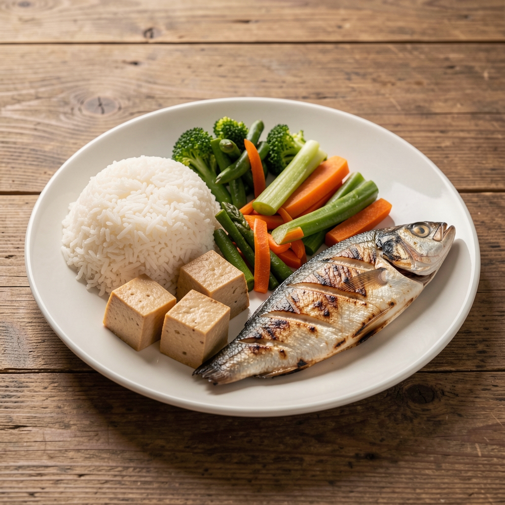 Balanced Indonesian-inspired training meal with rice vegetables tofu and grilled fish on a wooden table