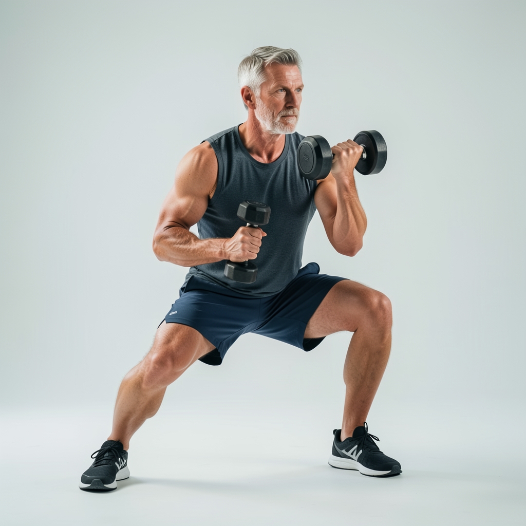 Mature male athlete performing a controlled split squat with dumbbells in a clean studio